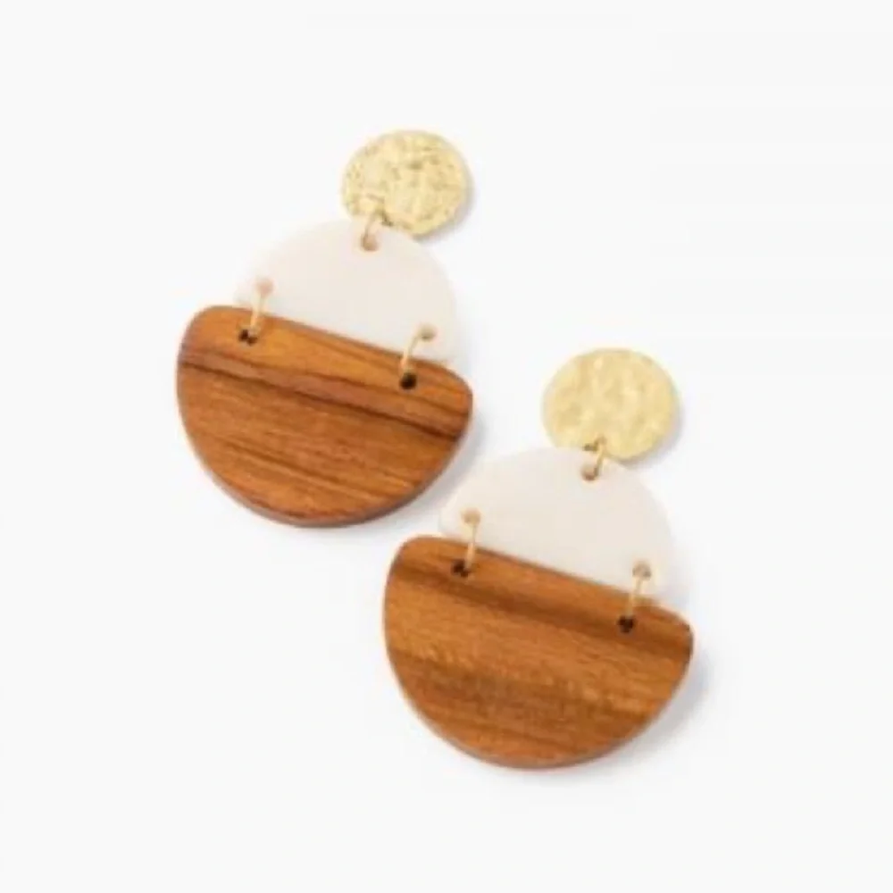 NWT Trades of Hope Wood, White Resin & Brass Earrings